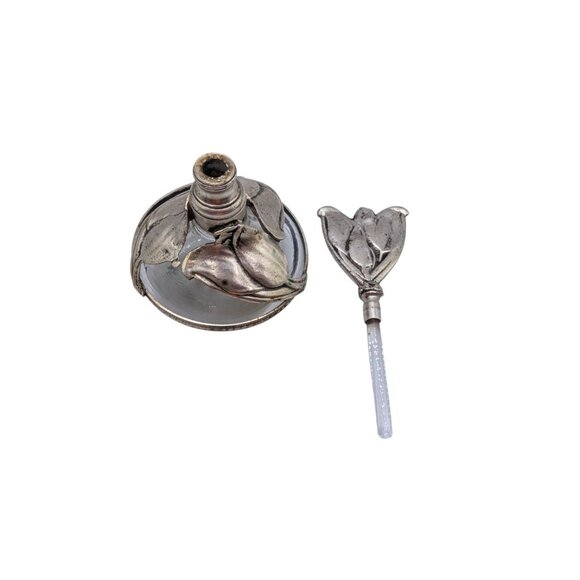 Vintage Silver-Plated Floral Tulip Perfume Bottle With Glass Dropper 6" Tall Ele - Picture 2 of 12